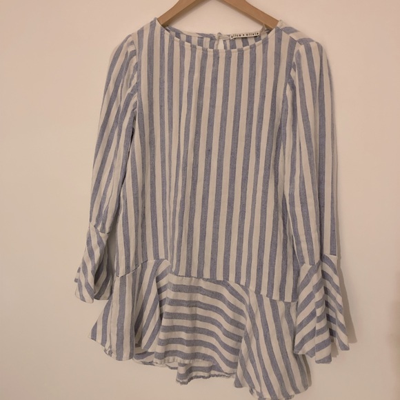 Alice + Olivia Doyle Peplum Top, Slub Linen blue stripe and trumpet sleeve - Picture 2 of 11